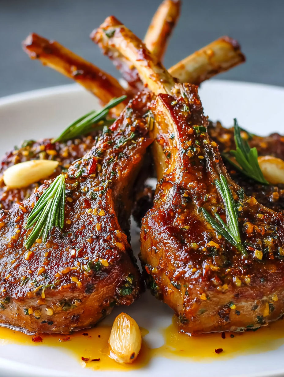 Lamb chops with herbs and spices on a white plate.