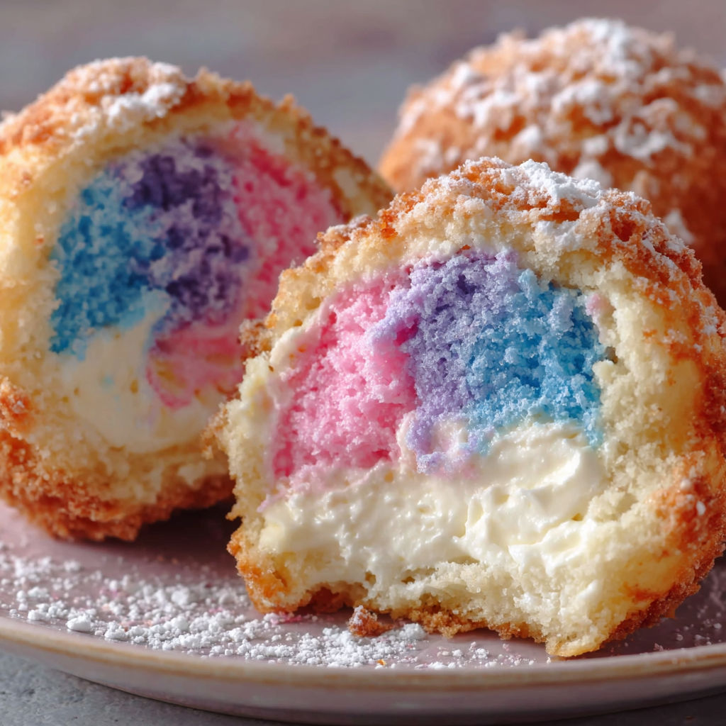 A plate with three colorful cotton candy cheesecake bombs.