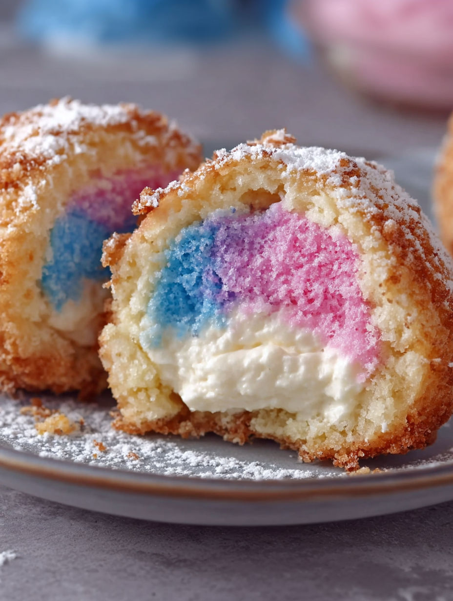 A plate of colorful cotton candy cheesecake bombs.