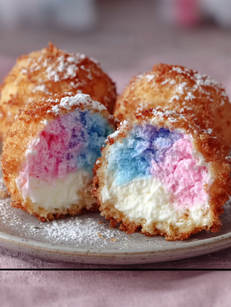 A plate of colorful cotton candy cheesecake bombs.