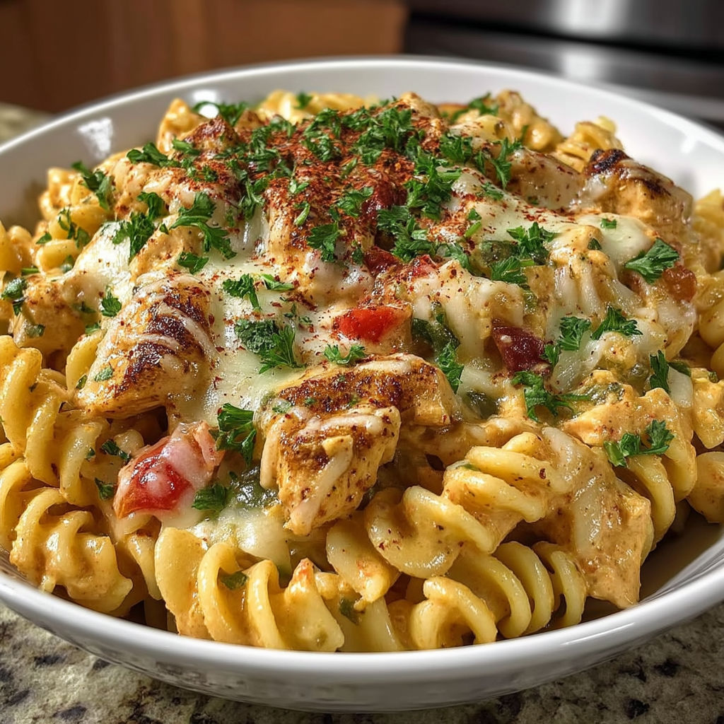 A bowl of cheesy rotel chicken pasta.