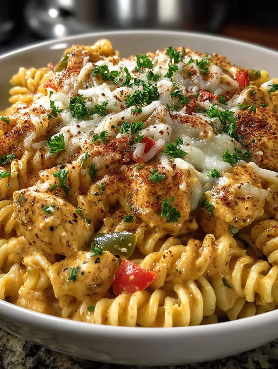 A bowl of pasta with chicken and cheese.
