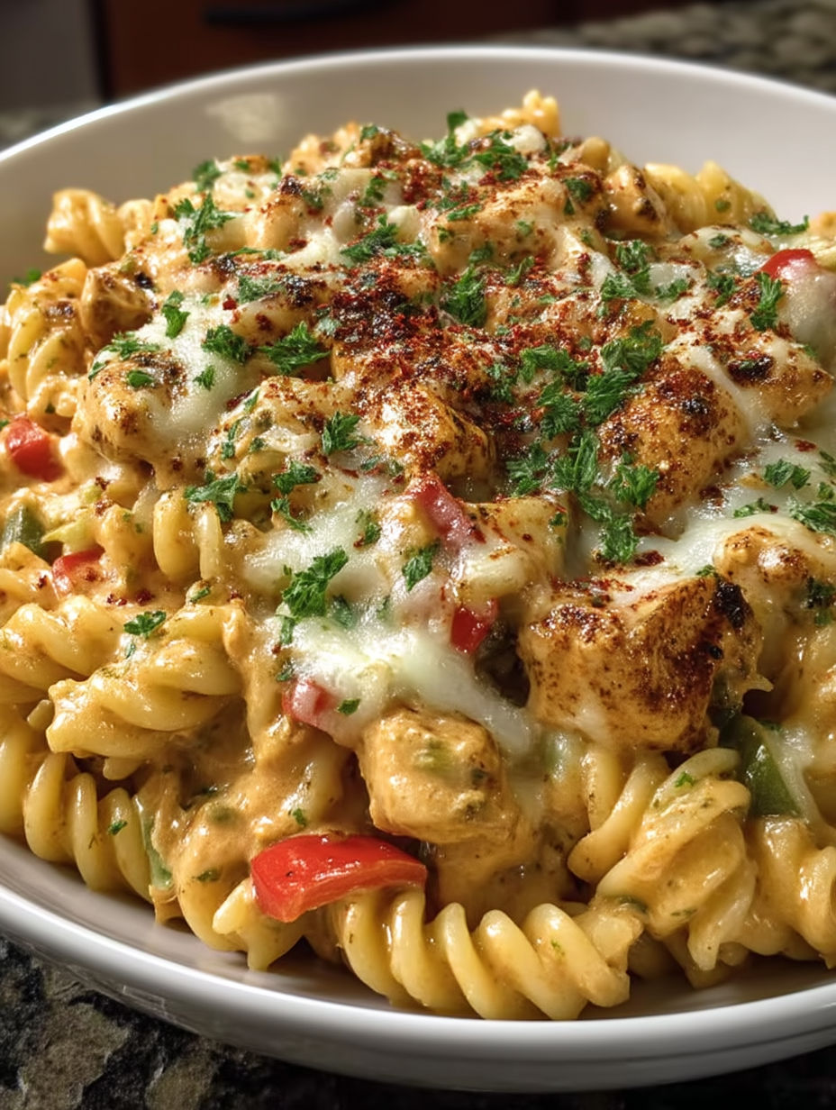 A bowl of pasta with chicken and cheese.
