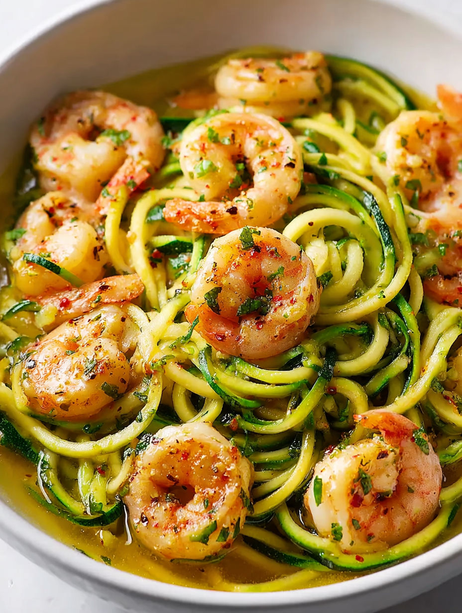 A bowl of zucchini noodles with garlic shrimp.