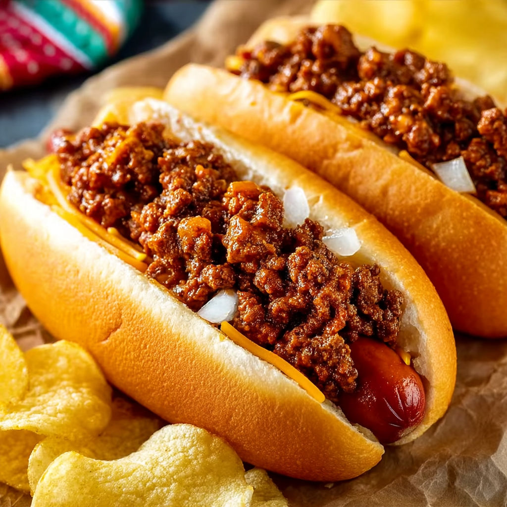 Two hot dogs with chili on them.