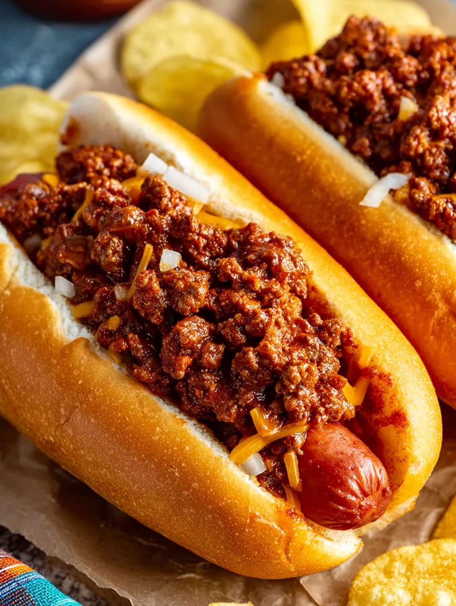 Two hot dogs with chili on them.