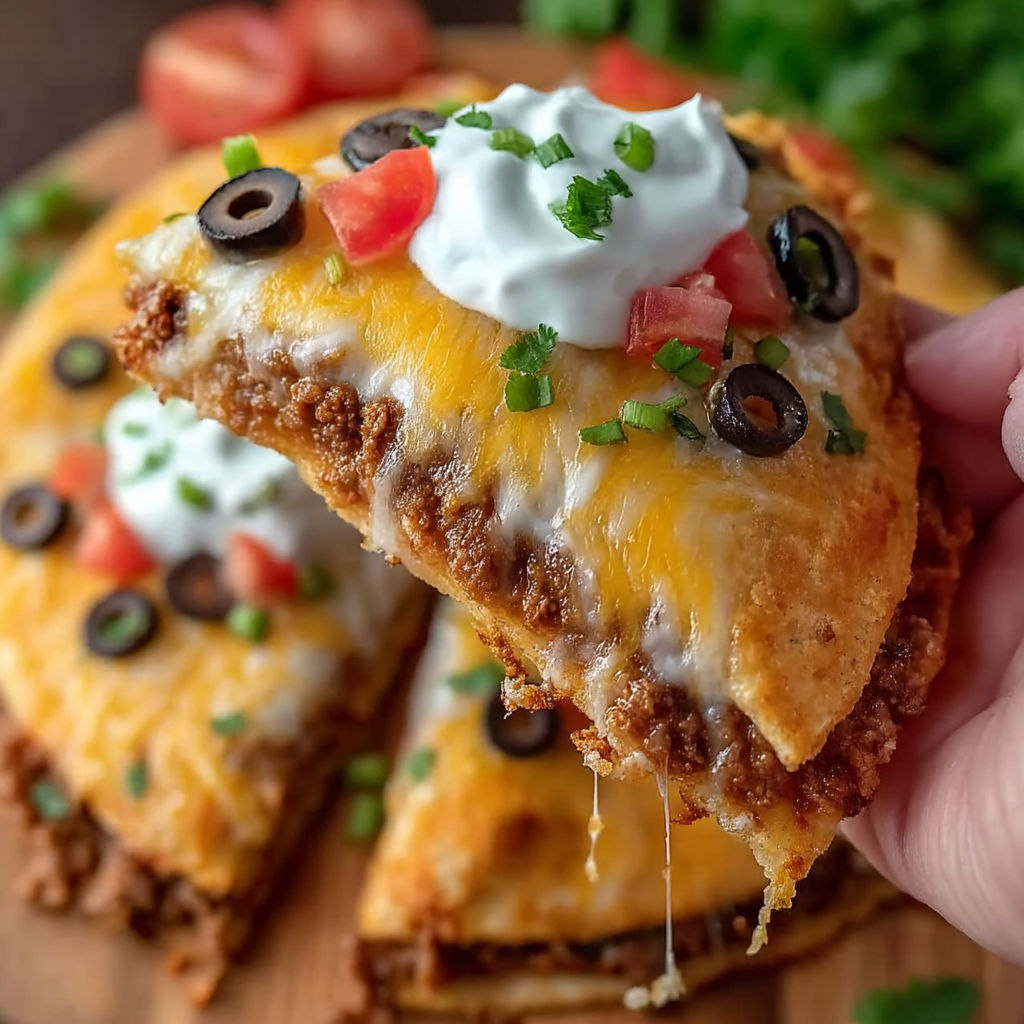 A slice of Mexican pizza with white cheese and black olives.