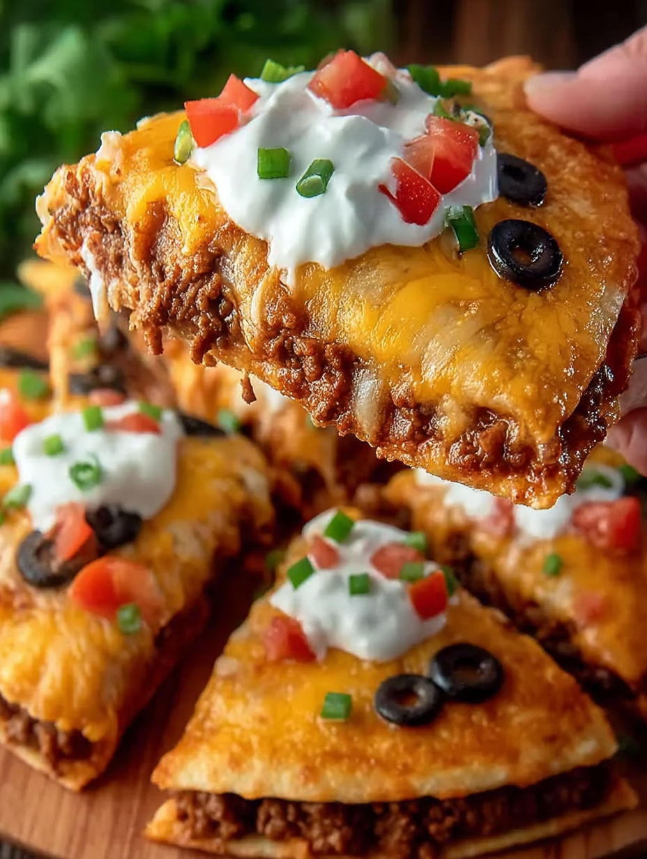 A slice of Taco Bell Mexican pizza with white cheese and black olives.