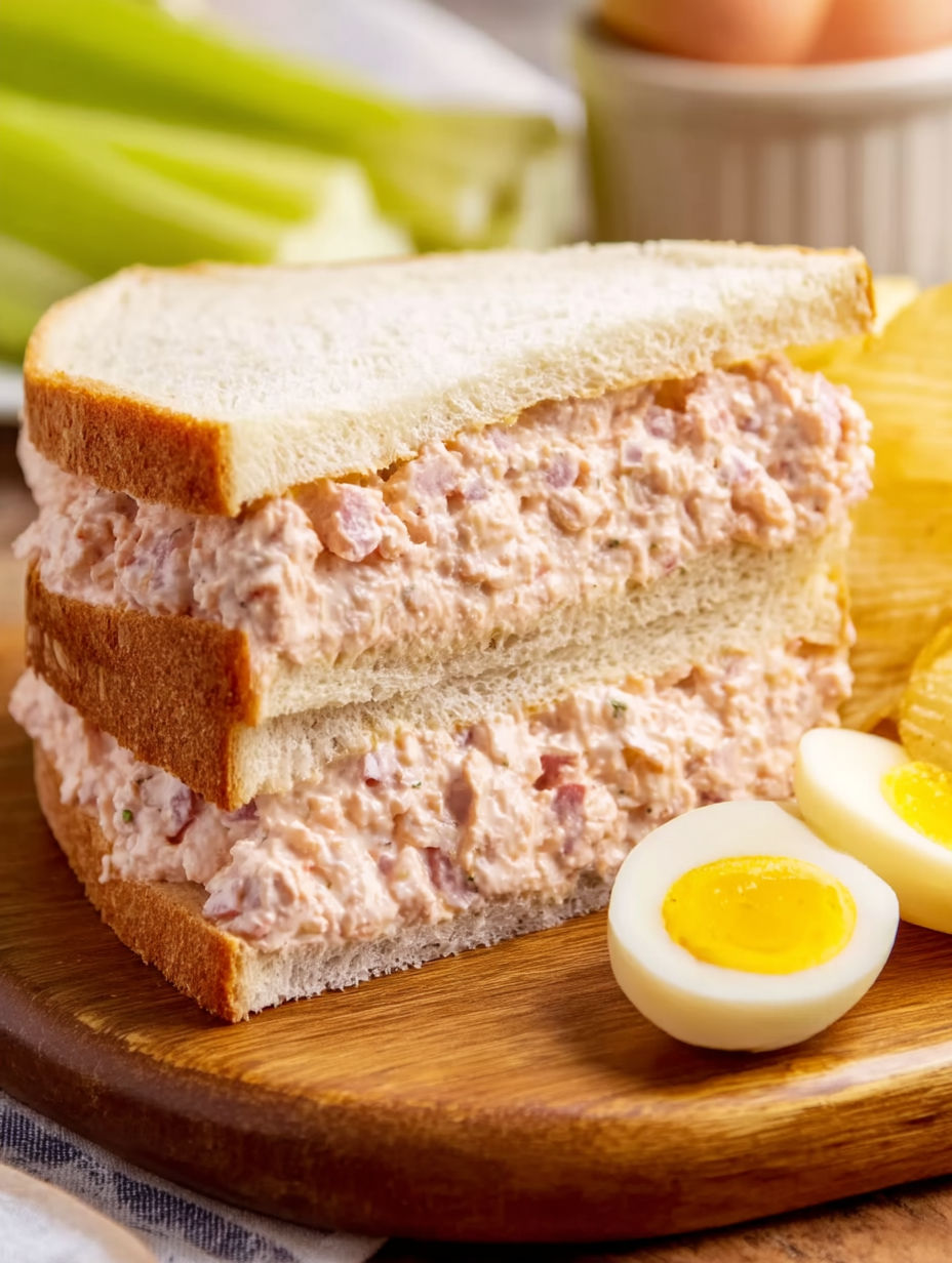 A sandwich with eggs and meat on a wooden table.