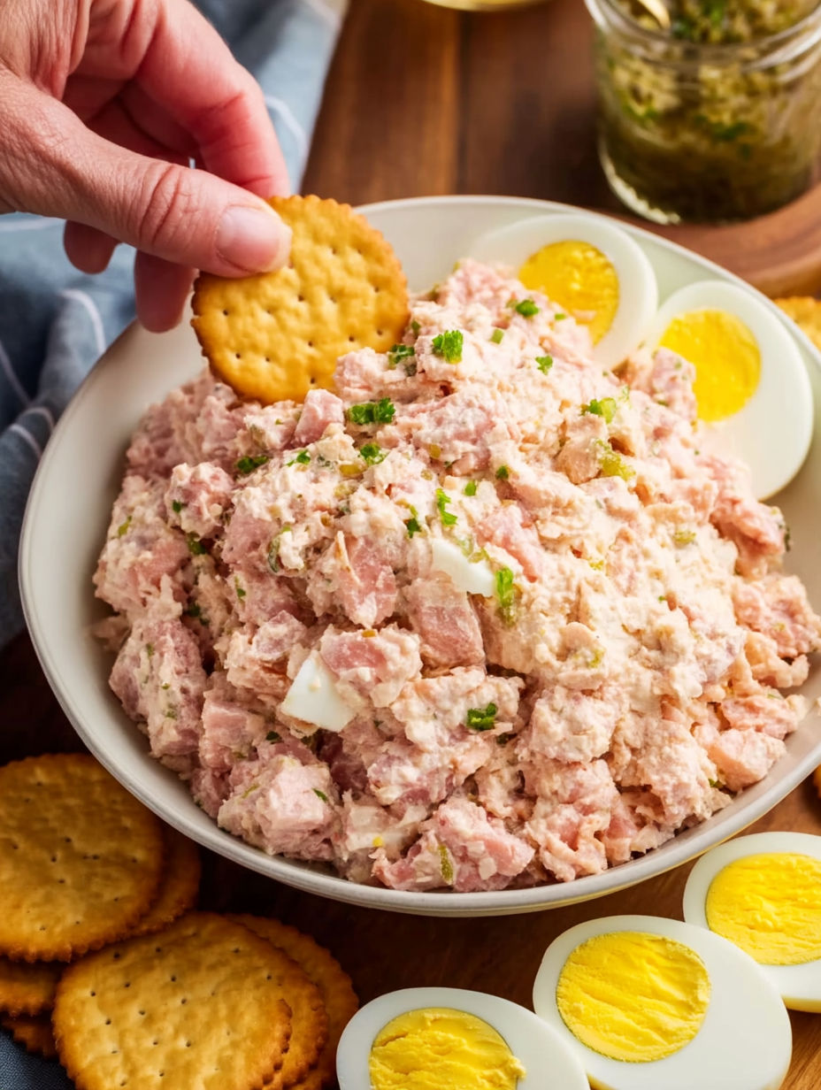 A bowl of old-fashioned bologna salad with crackers.