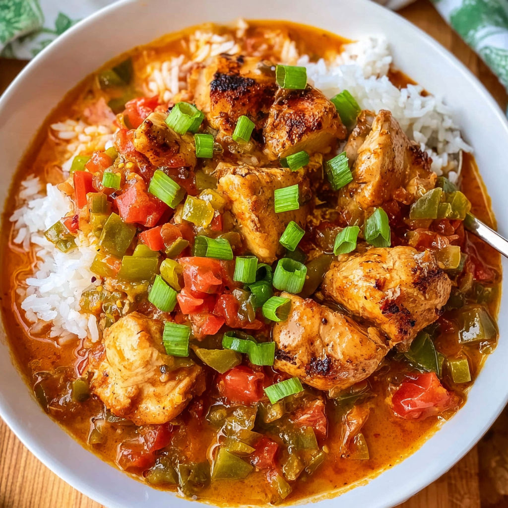 A bowl of chicken étouffée with rice and green onions.