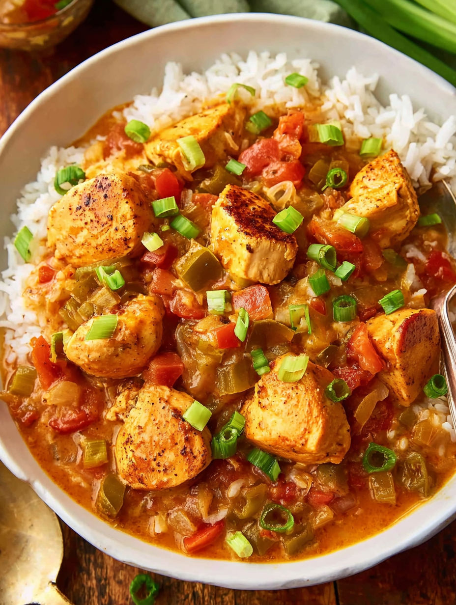 A bowl of chicken étouffée with rice.