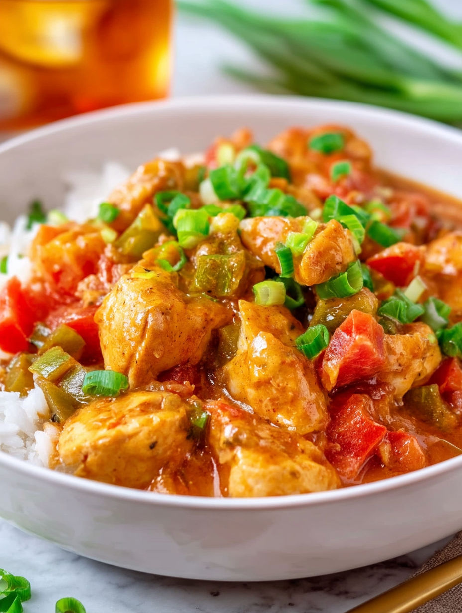 A bowl of chicken étouffée with rice and green onions.