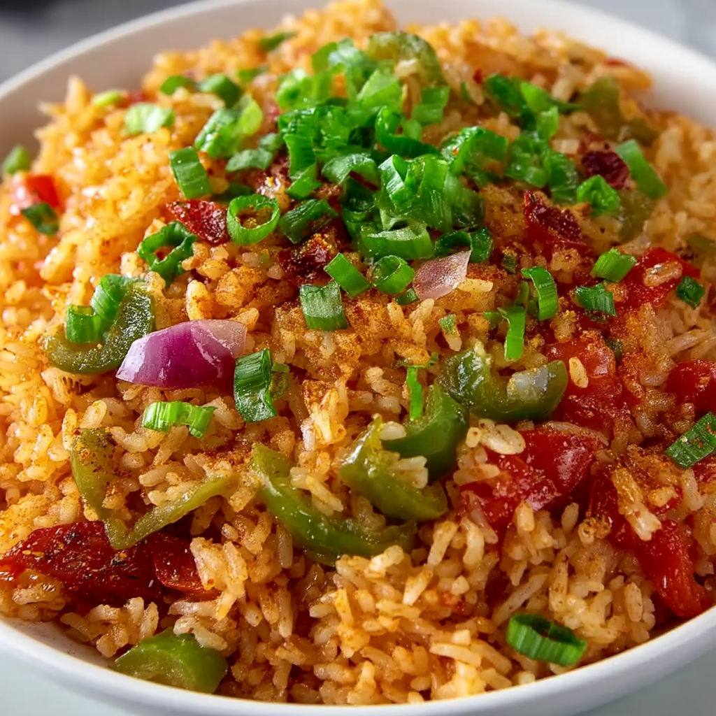 A bowl of rice with green onions and peppers.