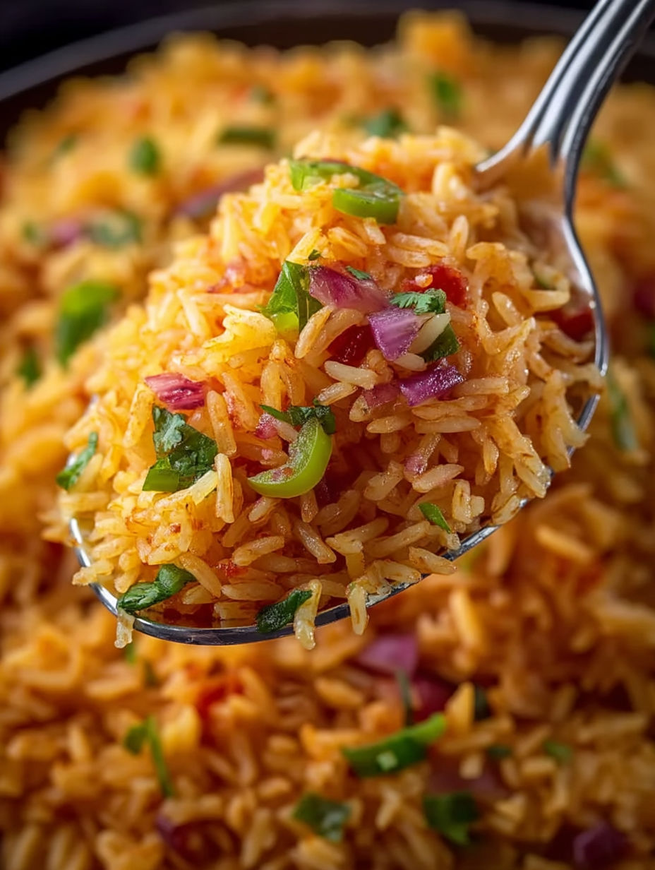 A spoonful of rice with green peppers and onions.