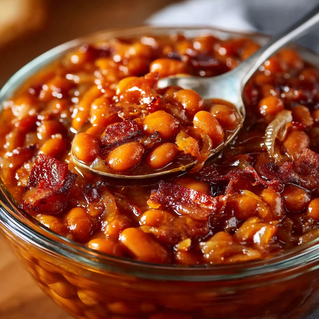 A bowl of homemade baked beans.