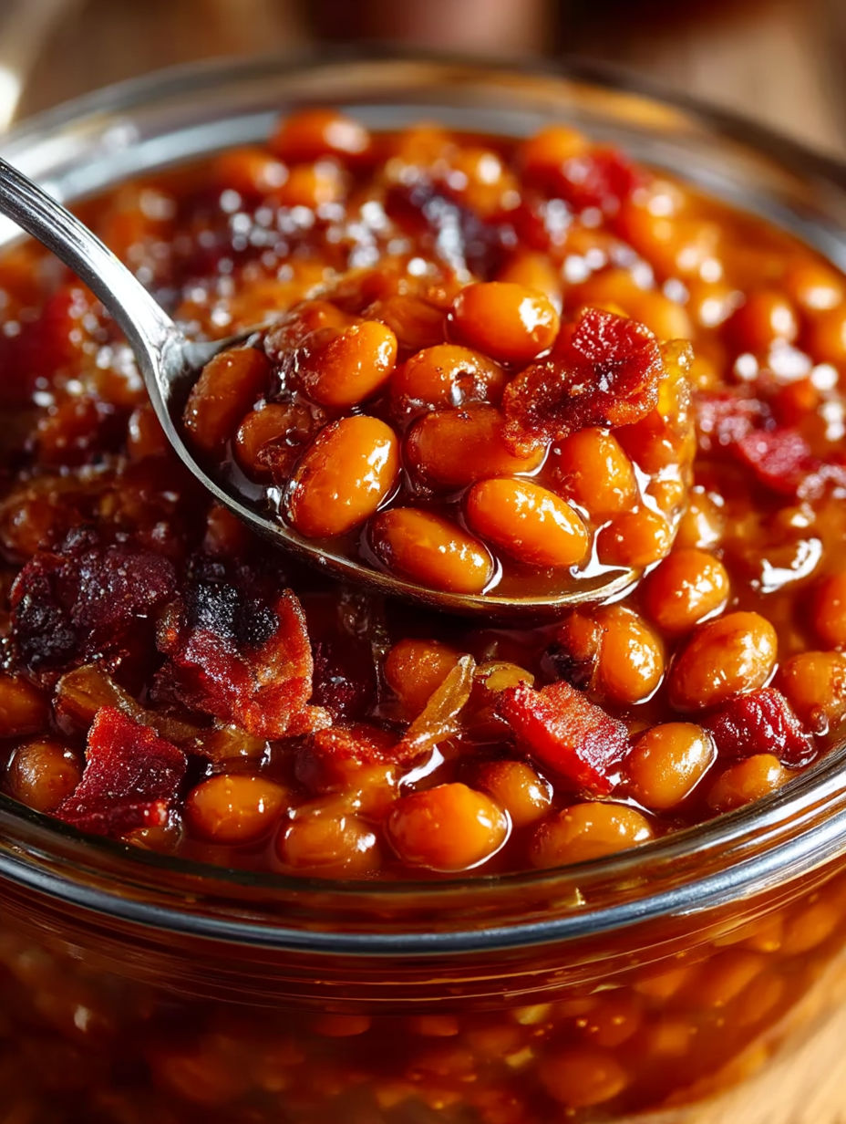 A spoon is in a bowl of baked beans.