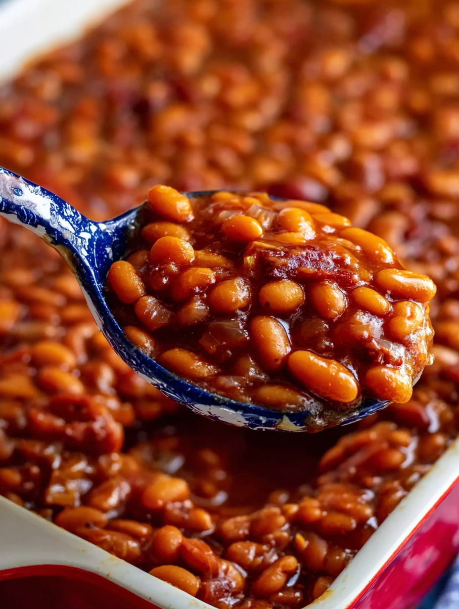 A spoon is in a bowl of baked beans.