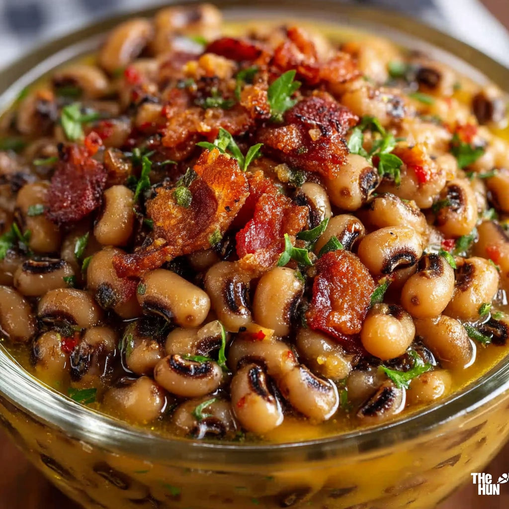 A bowl of black eyed peas with bacon.