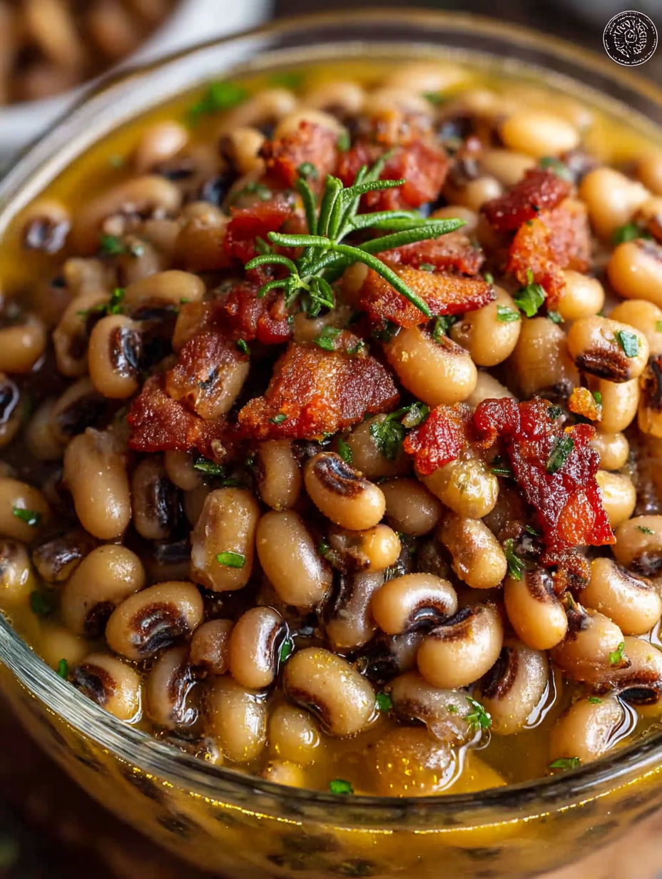 A bowl of beans with bacon and herbs.
