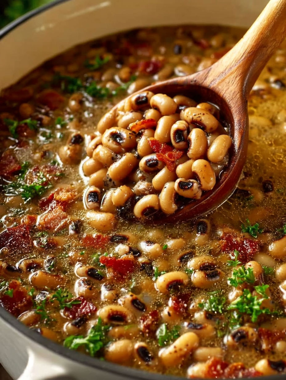 A wooden spoon in a bowl of beans.
