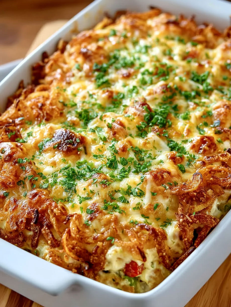 A potato green bean casserole in a white bowl.