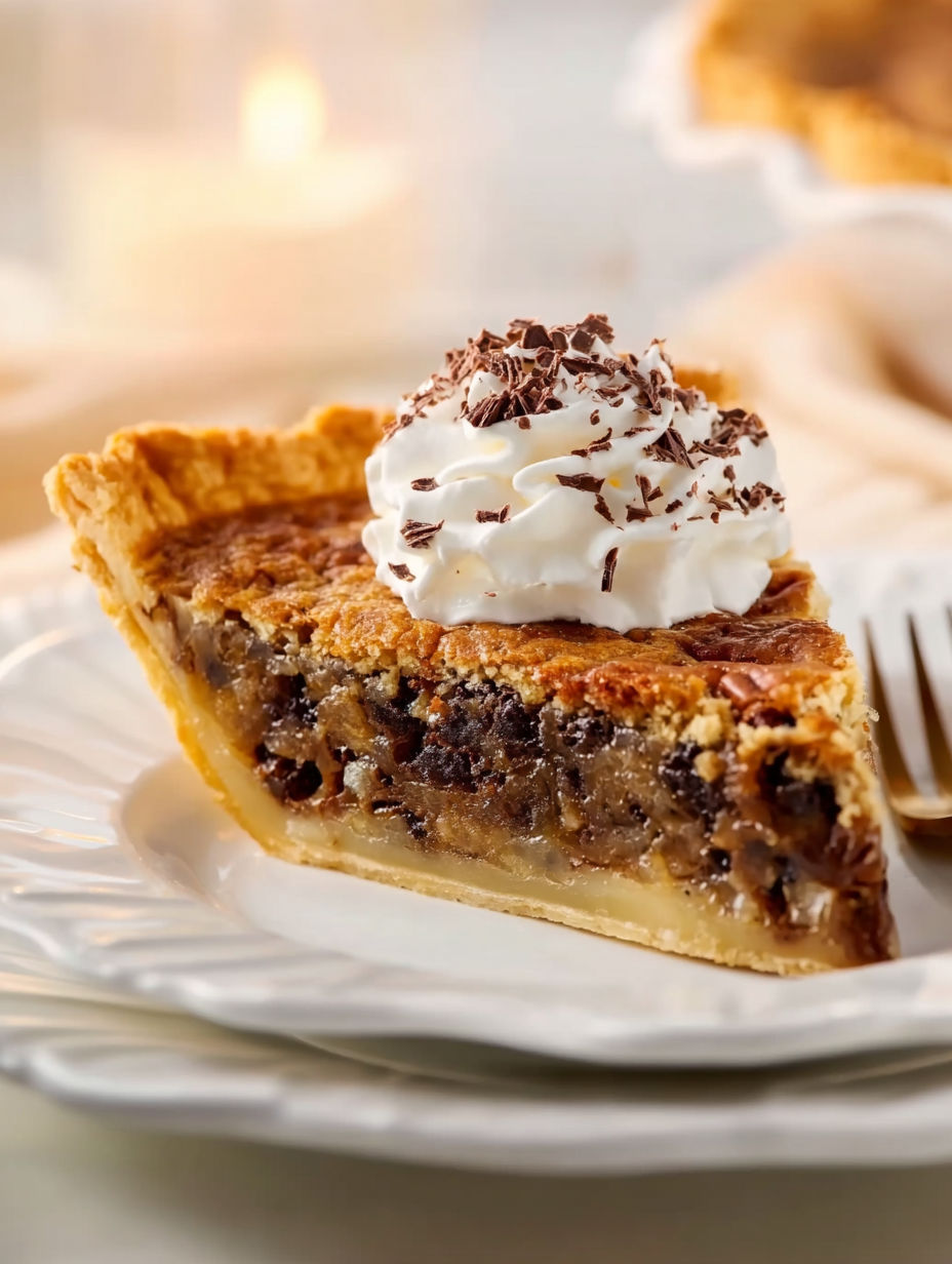 A slice of Kentucky Derby pie with whipped cream on top.