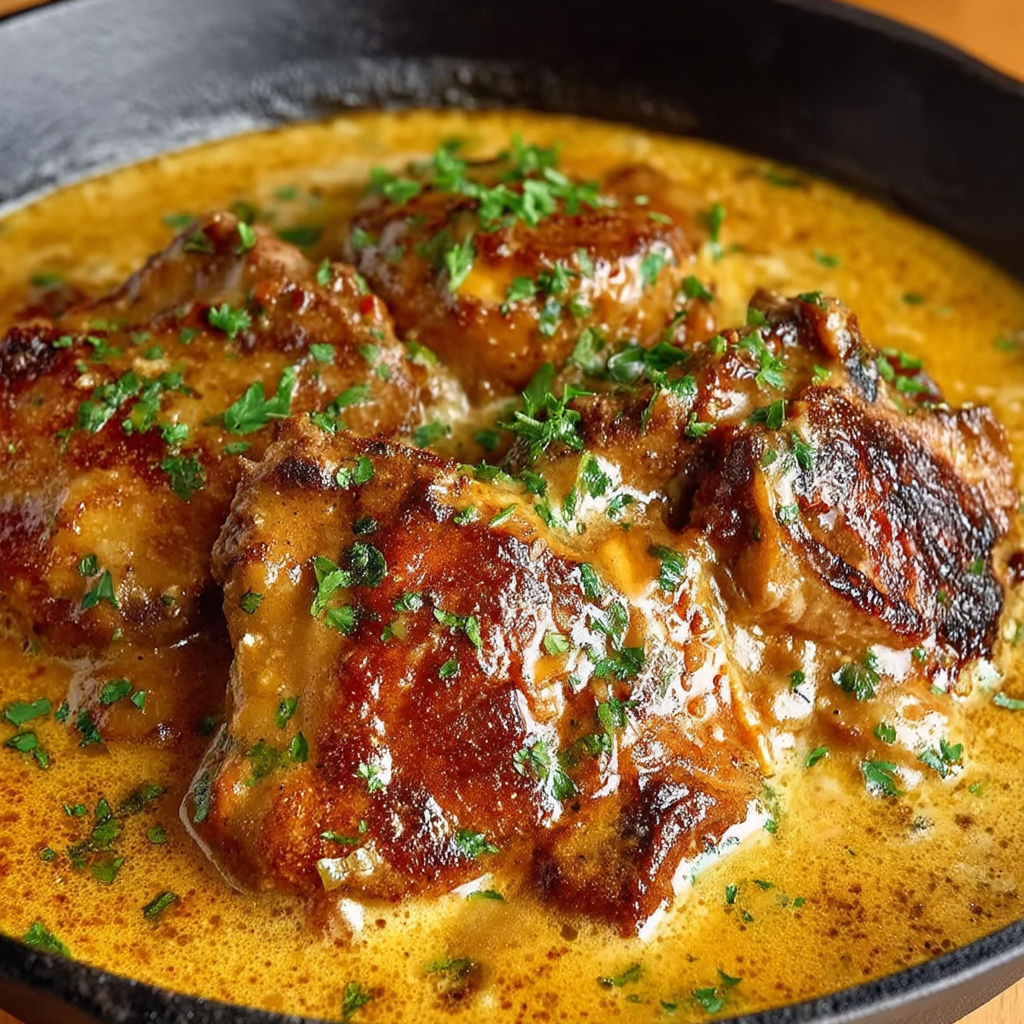 A bowl of smothered pork chops.