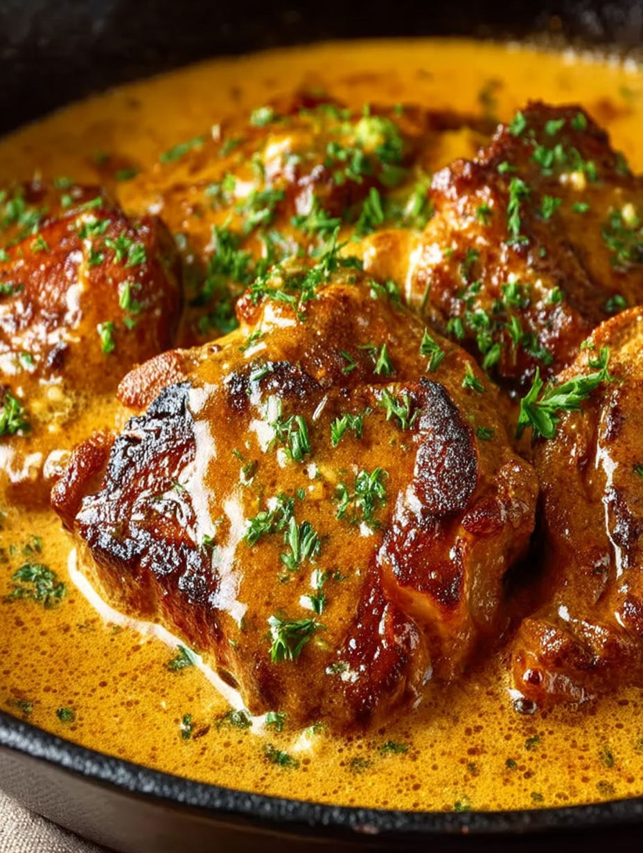 A plate of smothered pork chops.