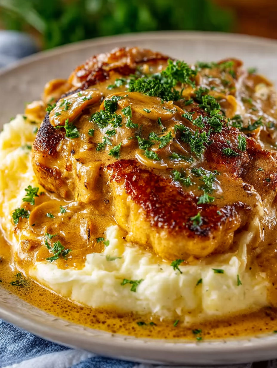 A plate of smothered pork chops.
