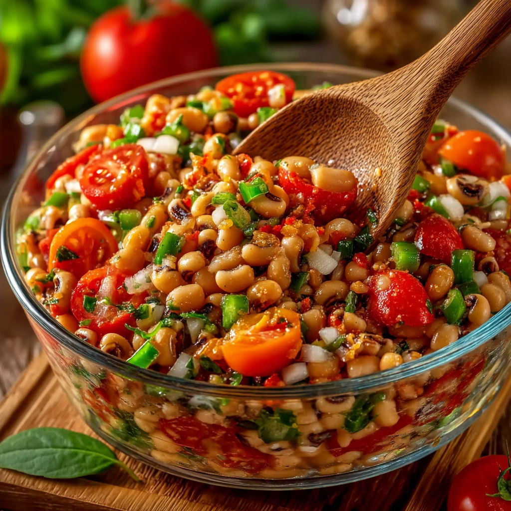 A wooden cutting board with a bowl of black eyed pea salad.