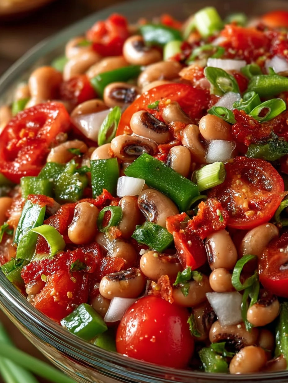 A bowl of black eyed pea salad.