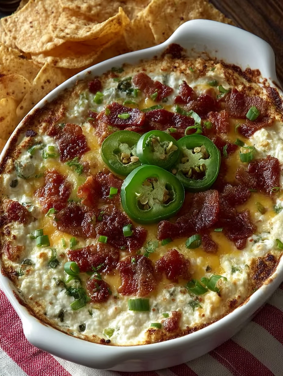 A creamy pizza dip with jalapenos on top.