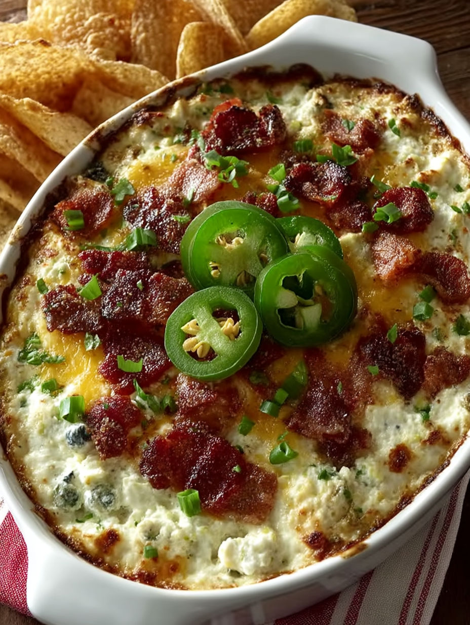 A creamy pizza dip with jalapenos on top.