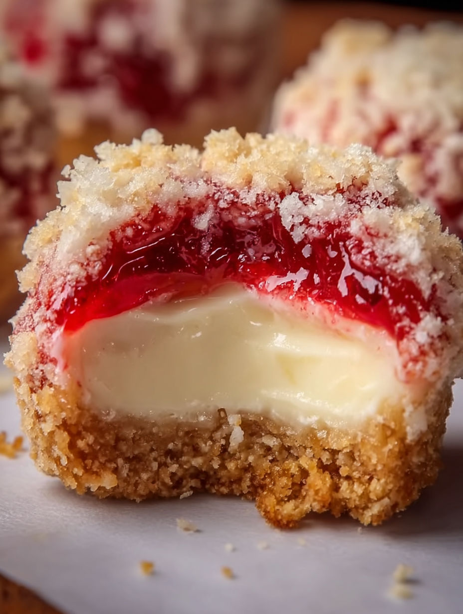 A close up of a strawberry crunch cheesecake bite.