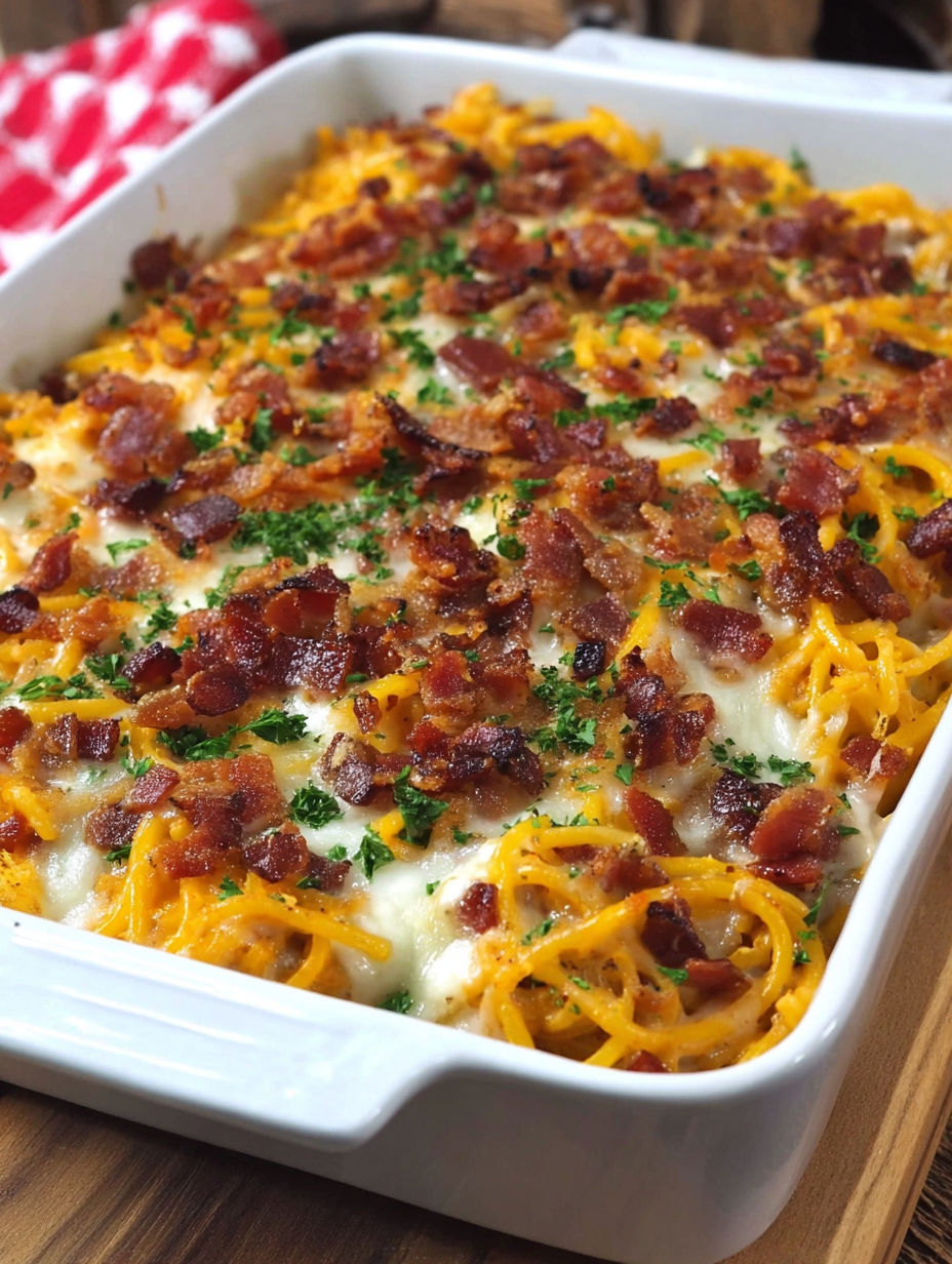 A dish of Cowboy Spaghetti Creamy Cheesy Twist.