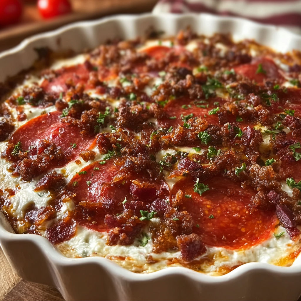 A creamy pizza dip in a white bowl.