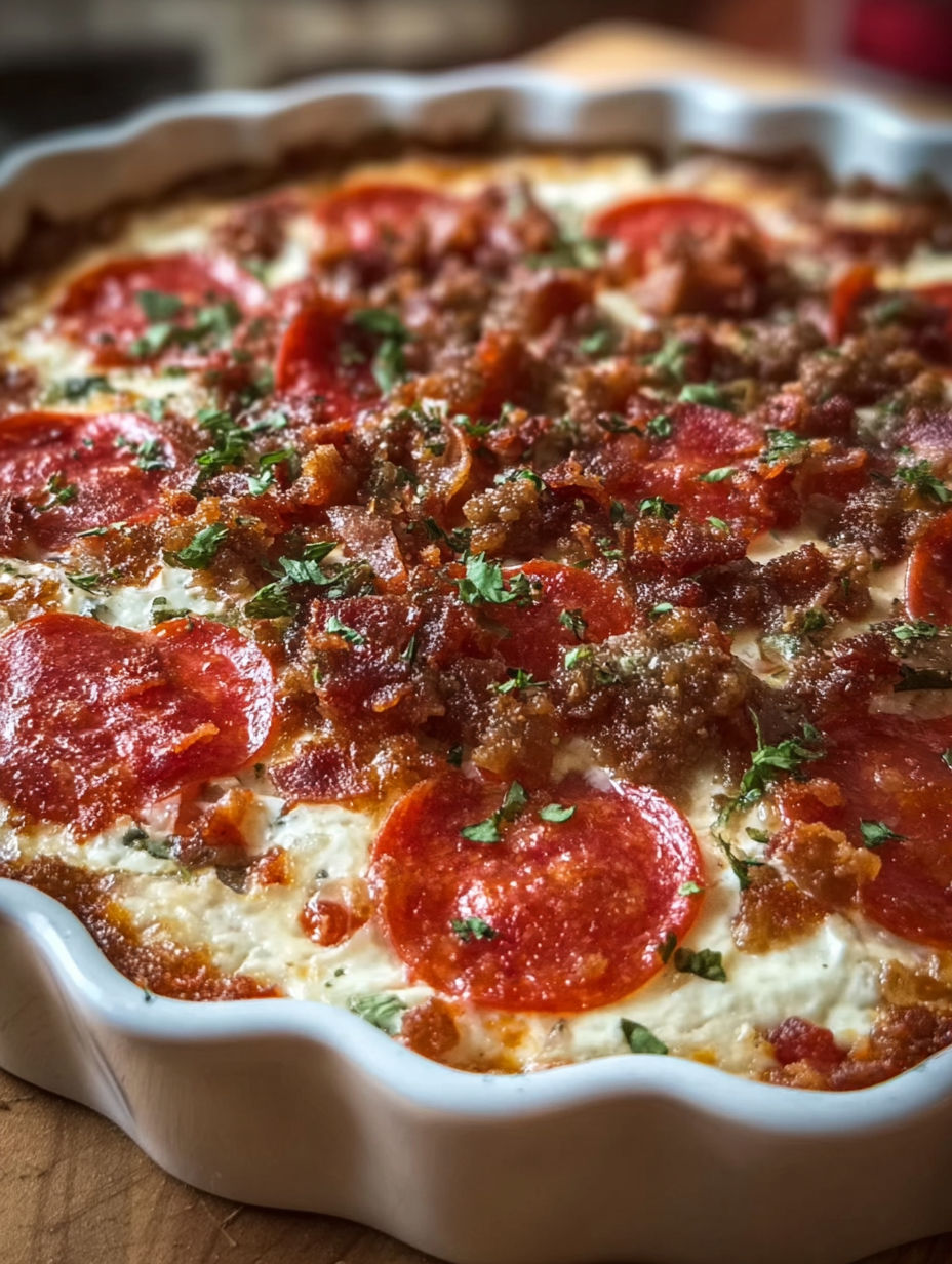 A creamy pizza dip with pepperoni and cheese.
