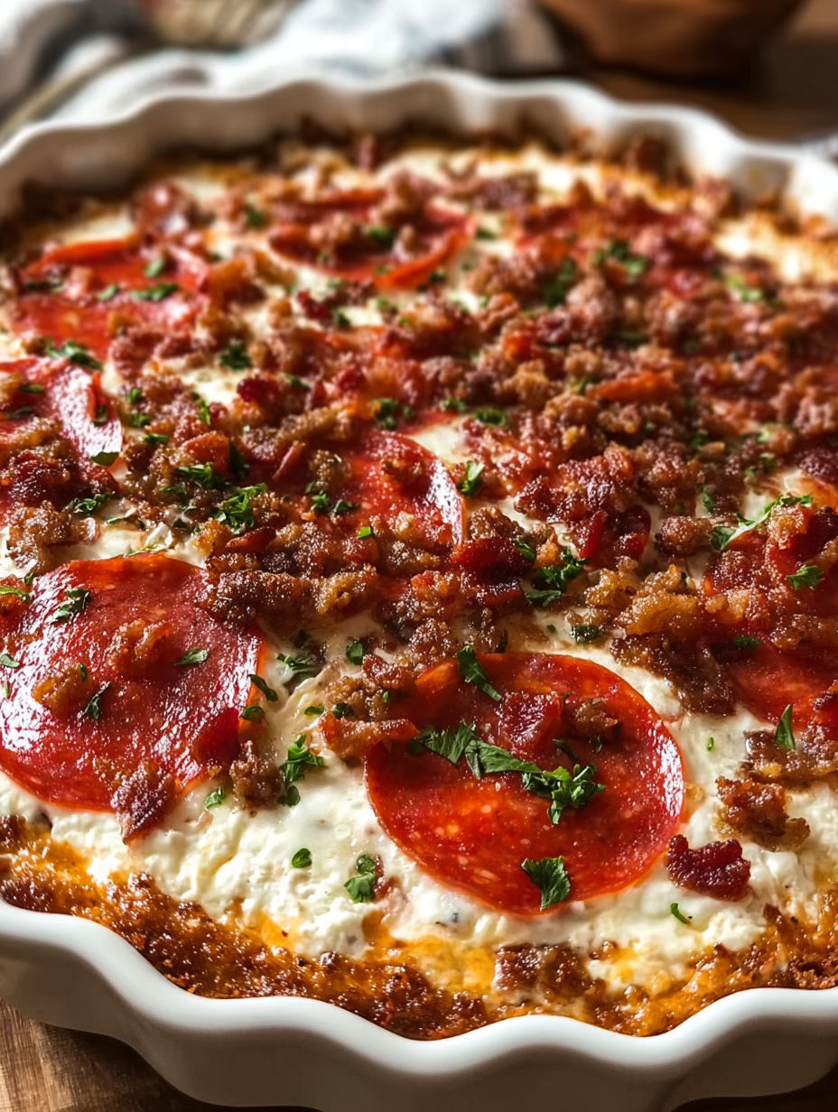 A creamy pizza dip with bacon and tomatoes.