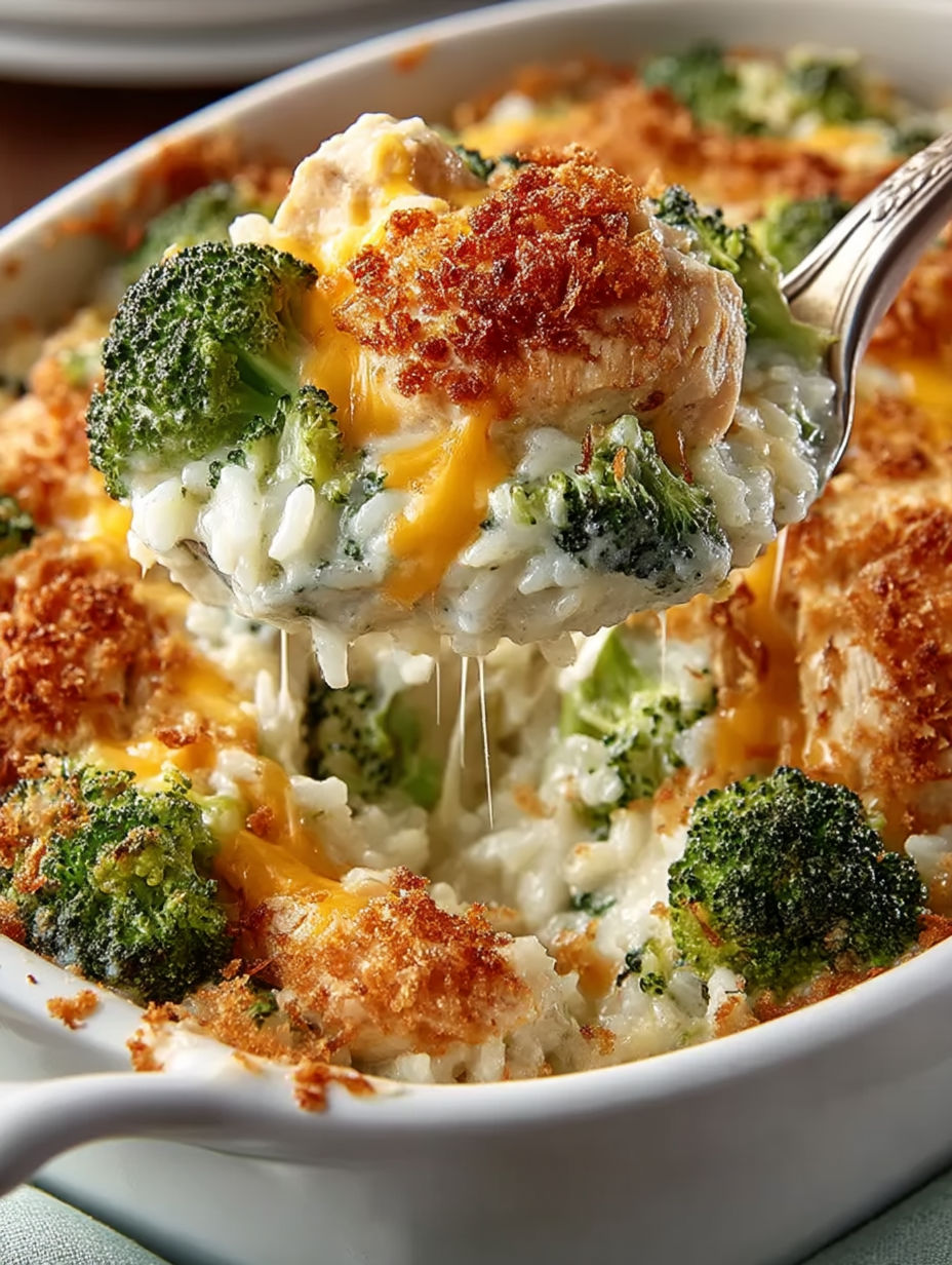A close up of a cheesy chicken broccoli rice casserole.