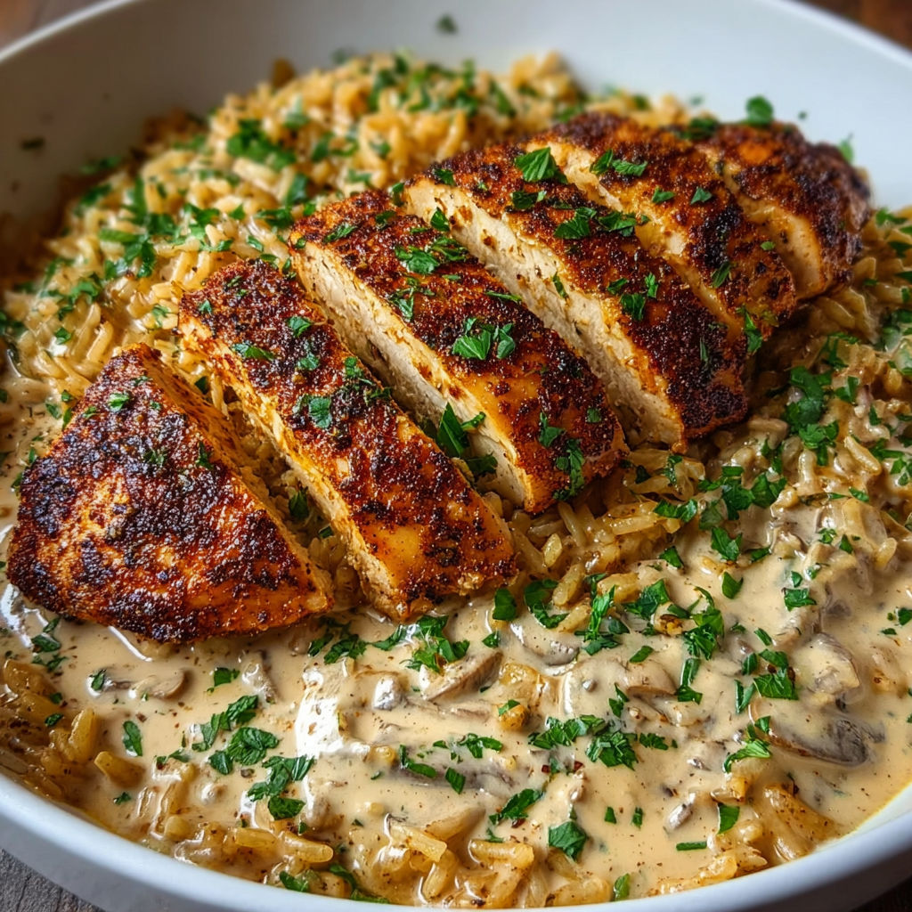 A bowl of rice with chicken and mushrooms.
