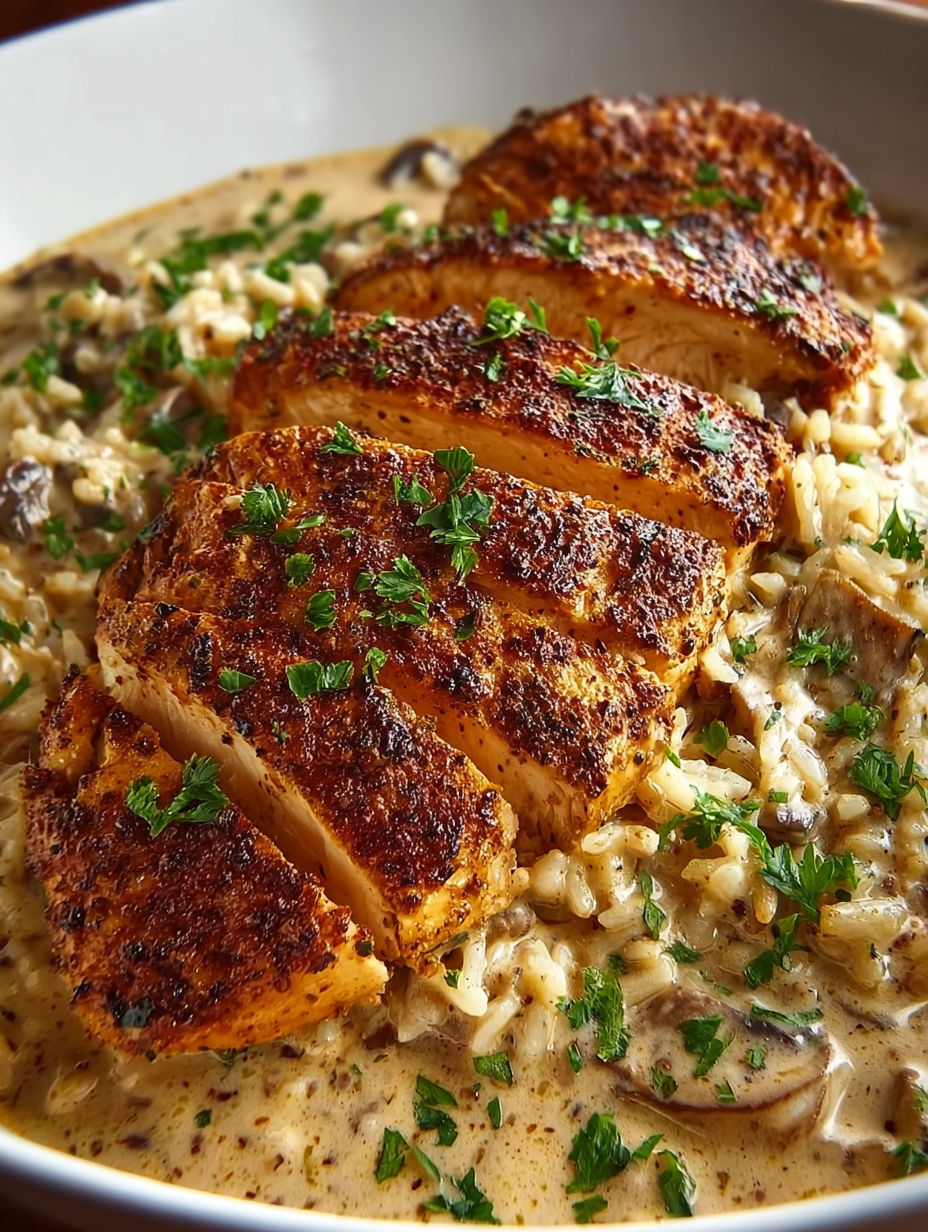A close up of a piece of meat with rice and vegetables.