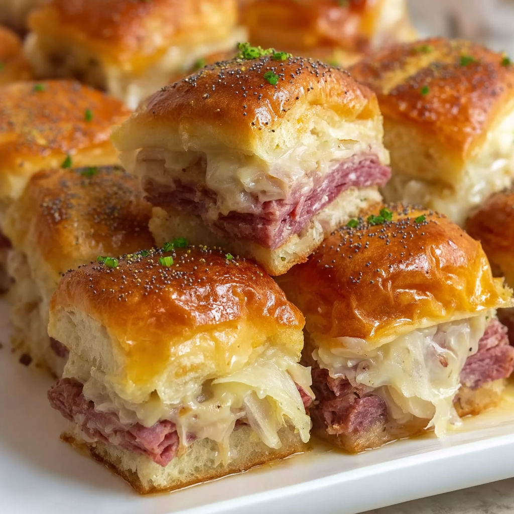A plate of Reuben Corned Beef Sliders.