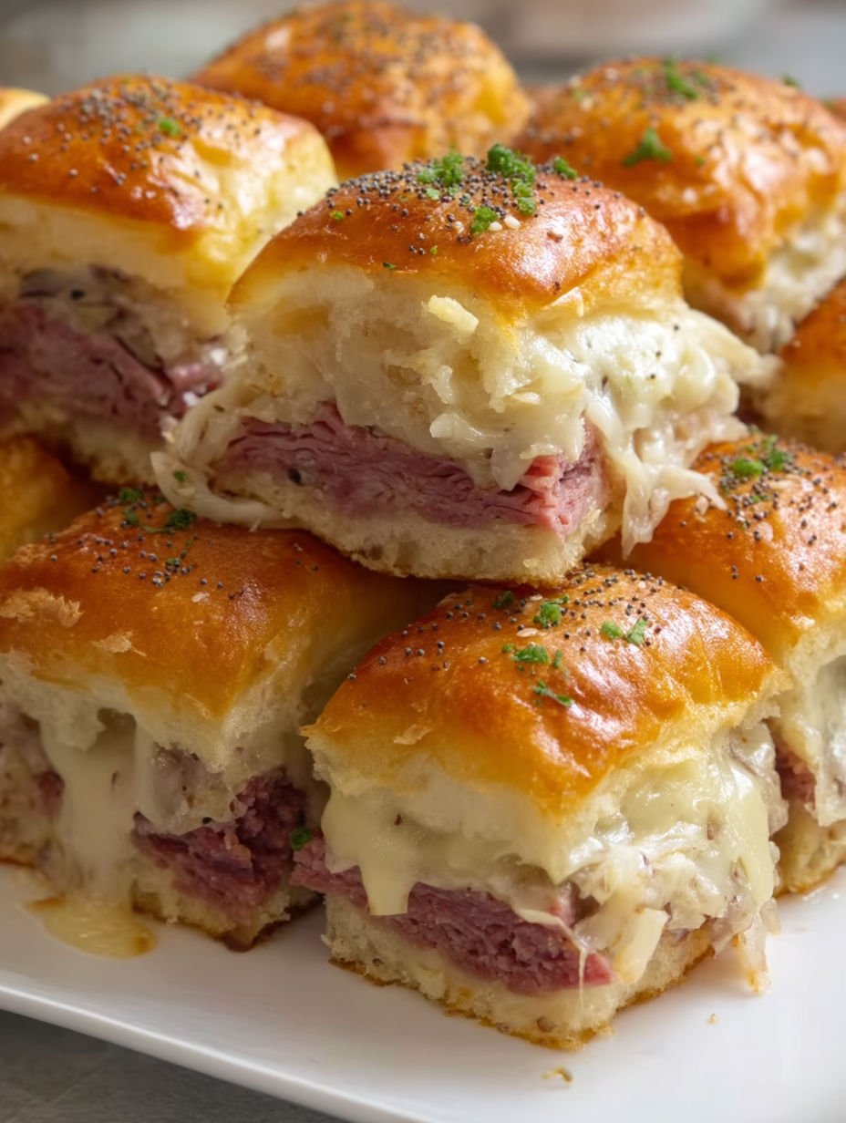 A plate of Reuben Corned Beef Sliders.