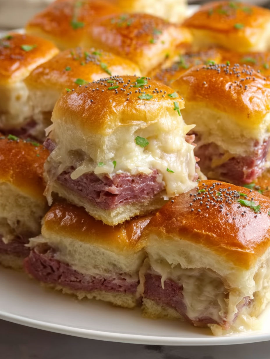 A plate of Reuben Corned Beef Sliders.