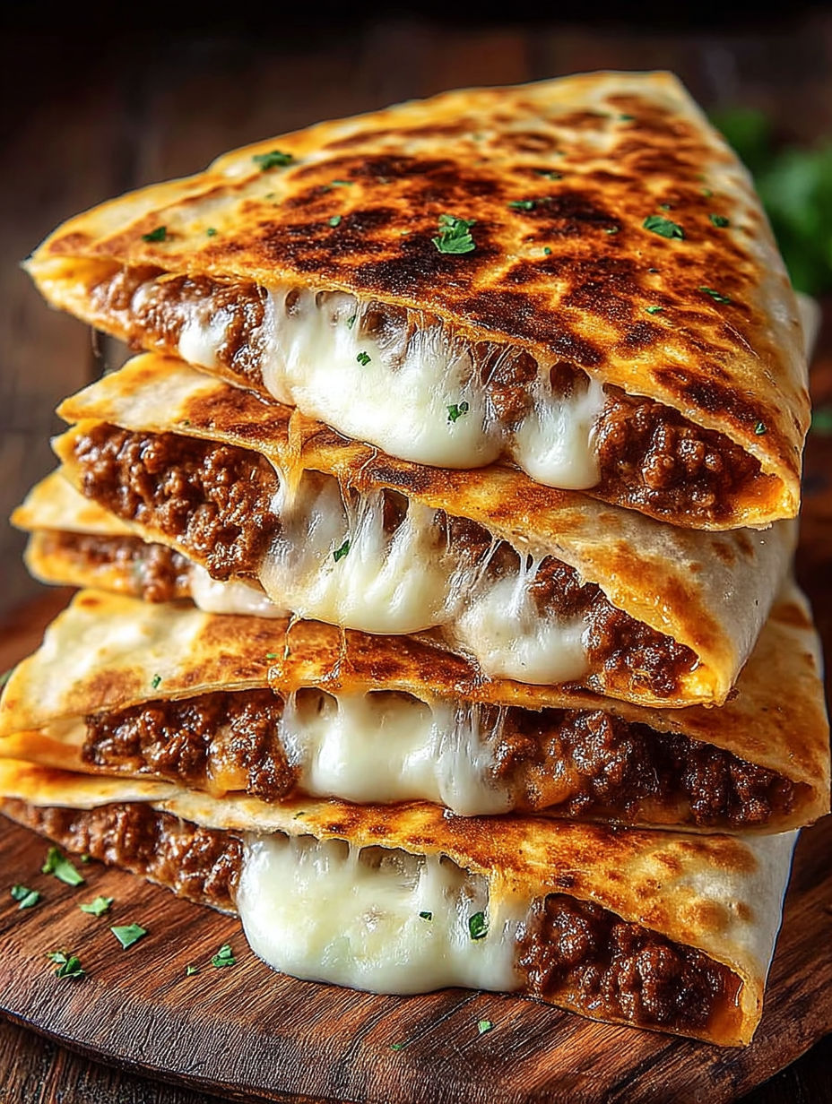A stack of quesadillas with cheese and meat.