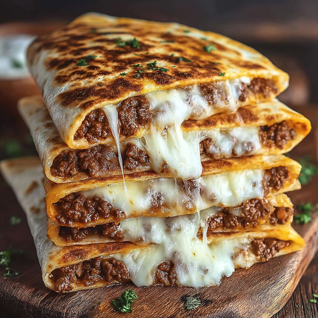 A stack of quesadillas with meat and cheese.