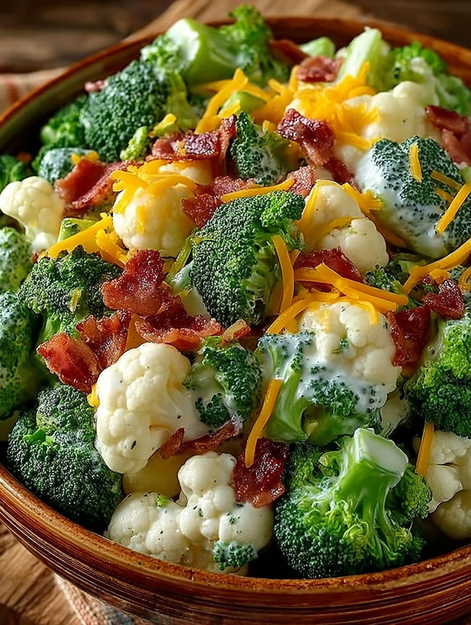 A bowl of broccoli and cauliflower with bacon bits.