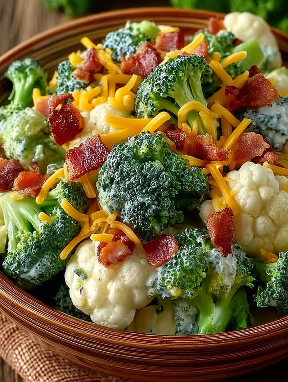 A bowl of broccoli and cauliflower with bacon.