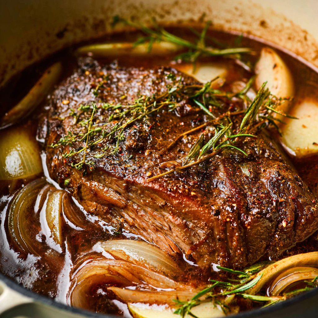 A close up of a pork shoulder in a pot.